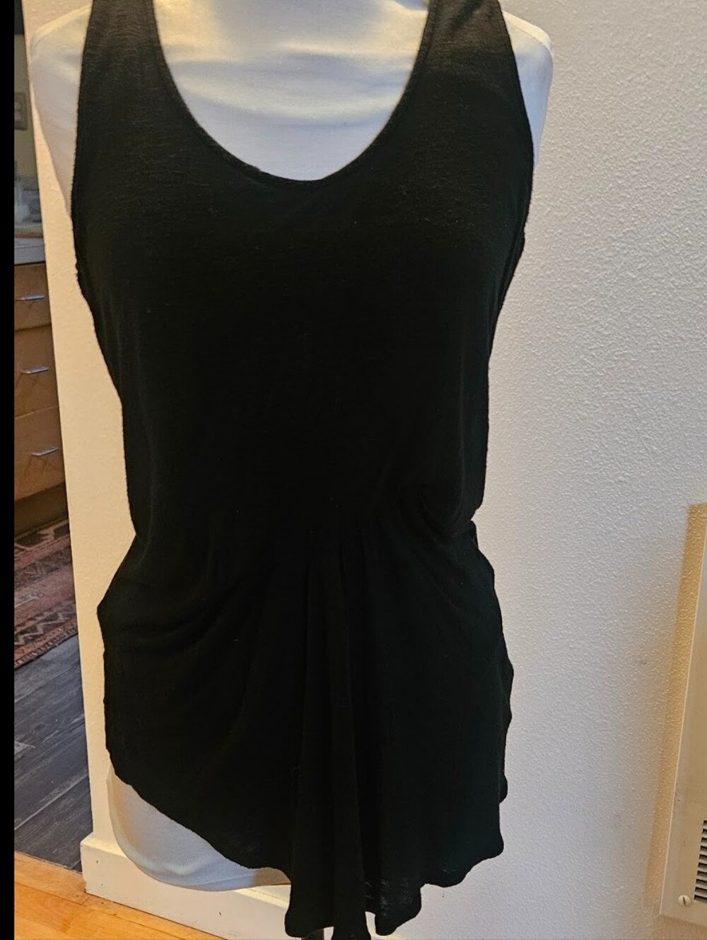 Black Solid Tank Top W Unique Drape Front Detail & Asmmyetrical Hem Women's L